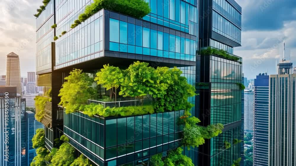 Green city of the future Modern cityscape with eco-friendly glass office buildings dotted with trees to reduce carbon footprint. Green city of the future Modern cityscape with eco-friendly glass office buildings dotted with trees to reduce carbon footprint.