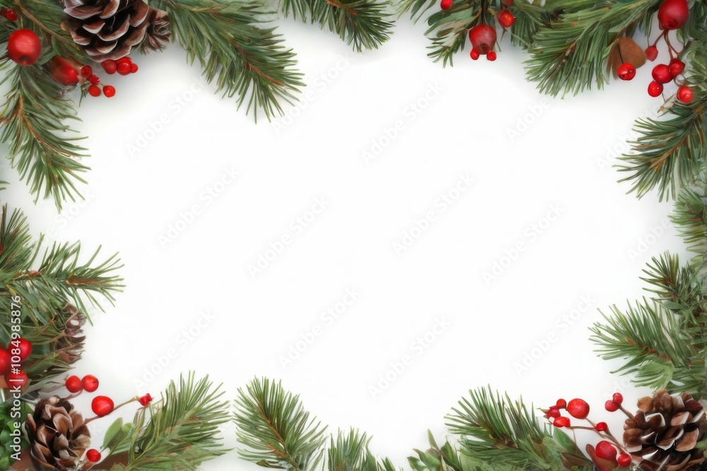 Green pine border with red berries and cones, festive and cheerful for the holiday season on white background. Green pine border with red berries and cones, festive and cheerful for the holiday season on white background.
