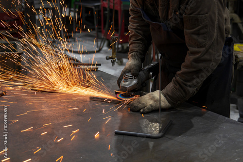 工場でグラインダー作業をする手元で飛び散る火花