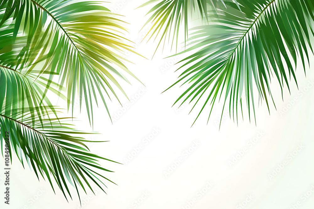 Fototapeta premium Lush green palm leaves framing a light background, evoking a tropical atmosphere.