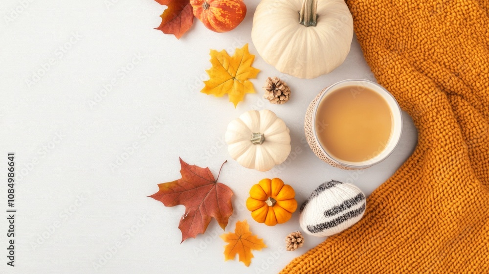 Cozy fall setup featuring pumpkins and leaves in a top view perspective. Cozy fall setup featuring pumpkins and leaves in a top view perspective.