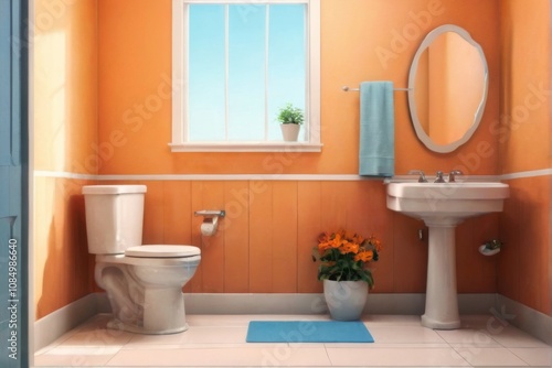 Modern small bathroom interior with orange accents, white fixtures, and blue accessories bright and welcoming atmosphere.