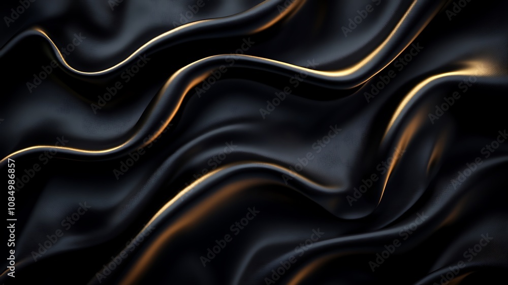 Fototapeta premium Black silk satin background with waves, Abstract background silky fabric
