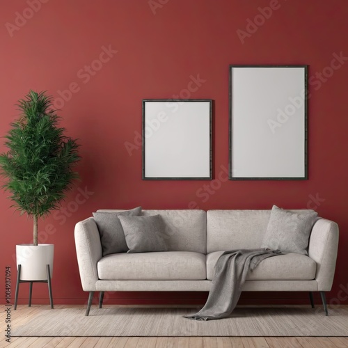 Cozy Modern Living Room Interior with Elegant Furniture and Blank Canvas on Bold Red Wall – 3D Rendering