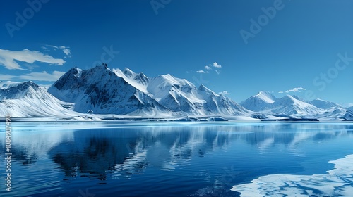 A stunning northern winter vista with majestic snow-capped mountains, a frozen ocean shoreline, and a clear blue sky above.