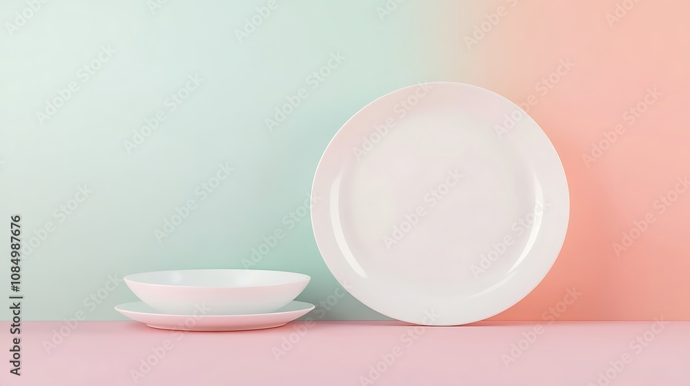 White Dinnerware Set on a Pastel Background White Dinnerware Set on a Pastel Background