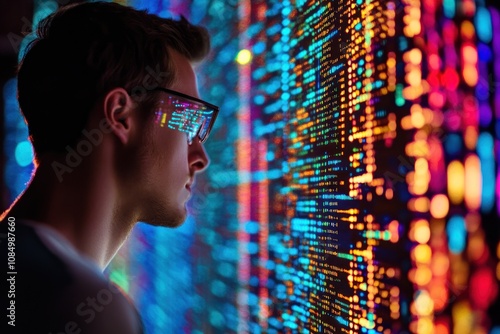 A young programmer in glasses looks at a wall of colorful code.