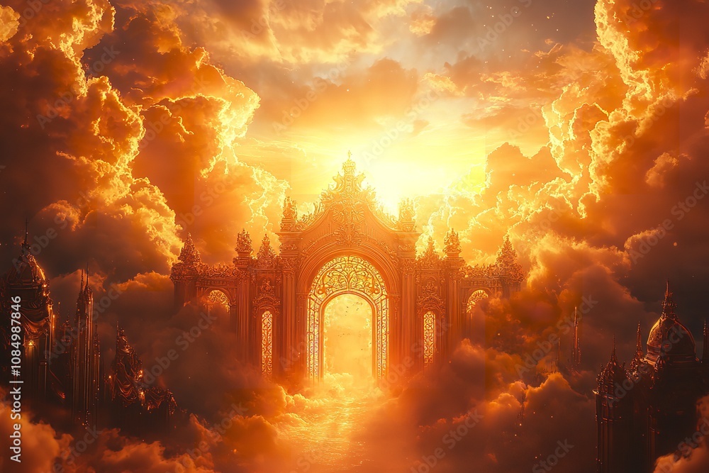 Obraz premium Glistening gates of golden heaven in the sky surrounding. Generative Ai