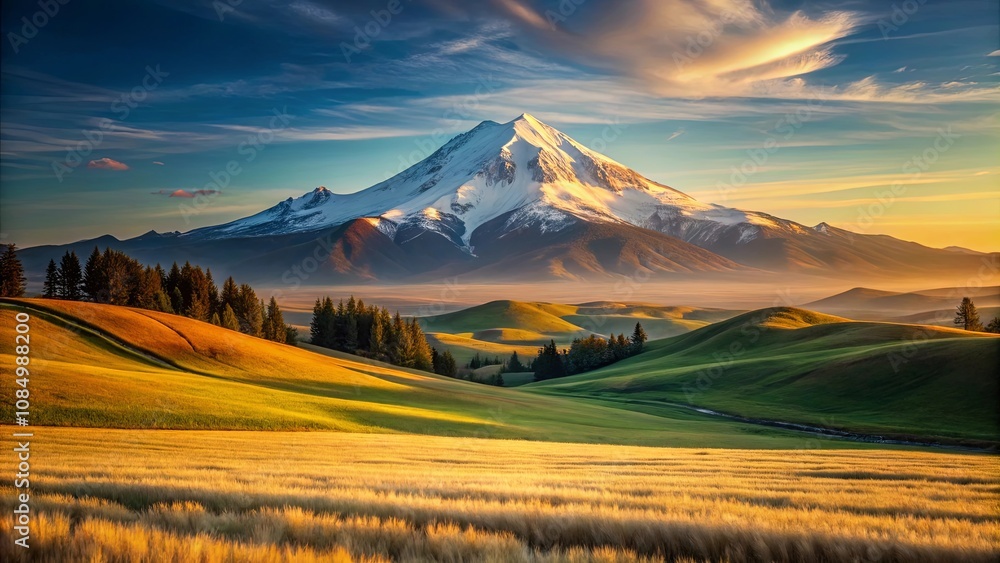 Obraz premium Golden Hour Serenity A snow-capped mountain peaks majestically above rolling green hills and a field of golden wheat bathed in the warm glow of the setting sun.