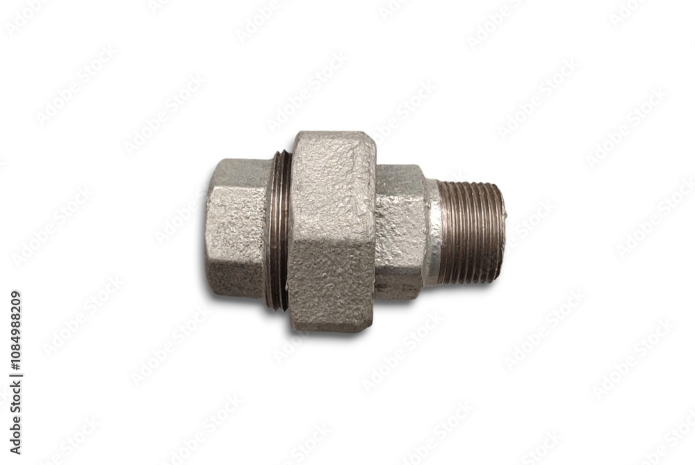 Top view of a galvanized steel union fitting with a threaded male connection, used for plumbing or industrial piping, isolated on a white background. Top view of a galvanized steel union fitting with a threaded male connection, used for plumbing or industrial piping, isolated on a white background.