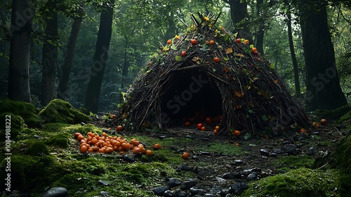 The generative AI of the fairy tale hut of a tiny wood dweller macro view