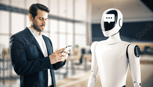 Businessman interacting with humanoid robot holding phone in modern office environment.
