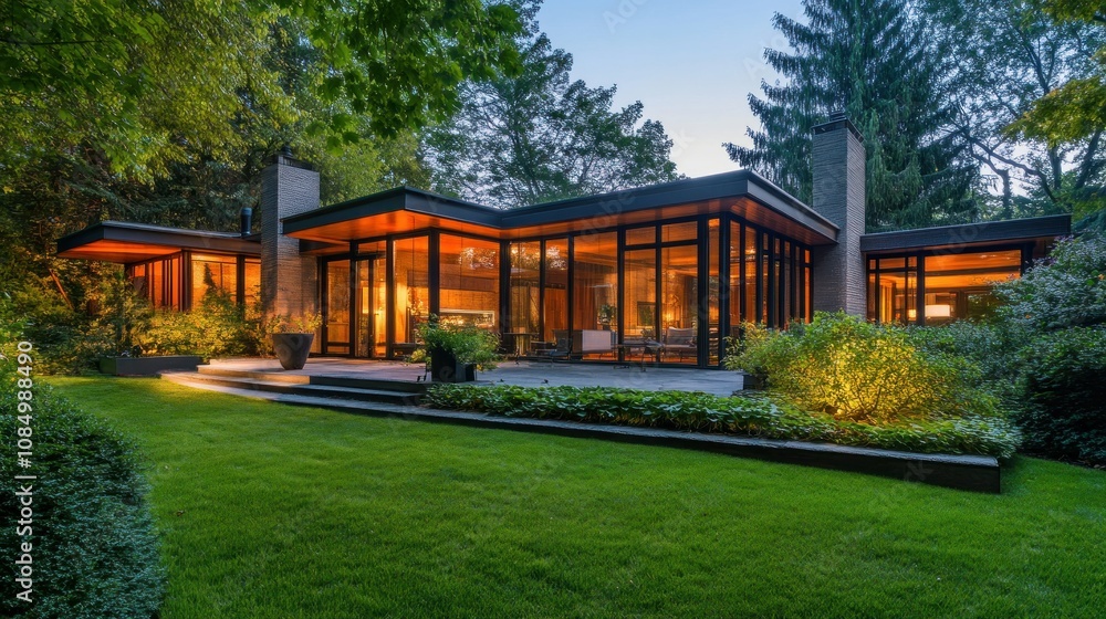 Modern Home with Large Windows and Evening Lighting Modern Home with Large Windows and Evening Lighting