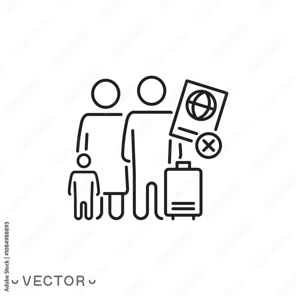 deportation icon, forced population transfer, exile, deported family, thin line symbol isolated on white background, editable stroke eps 10 vector illustration deportation icon, forced population transfer, exile, deported family, thin line symbol isolated on white background, editable stroke eps 10 vector illustration