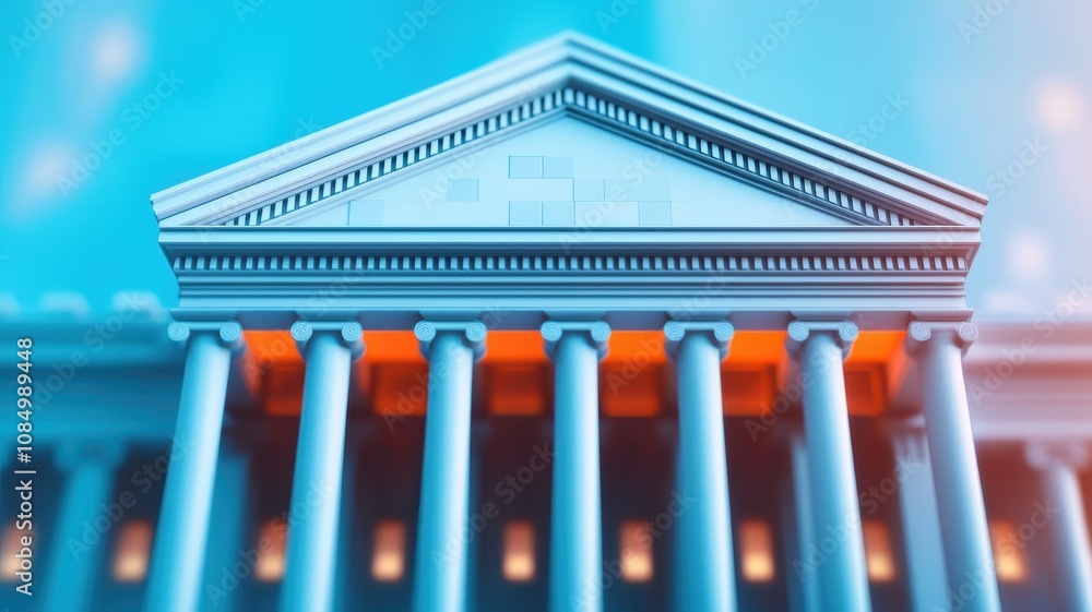 Concept of economic risk and political impact. A visually striking building with large columns, representing authority and governance, illuminated by a soft blue light. Concept of economic risk and political impact. A visually striking building with large columns, representing authority and governance, illuminated by a soft blue light.