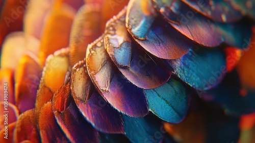 Close-up of iridescent scales in warm and cool tones.