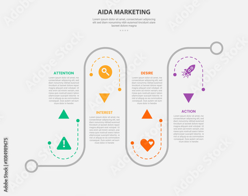 AIDA marketing infographic outline style with 4 point template with roadway journey up and down on line direction for slide presentation