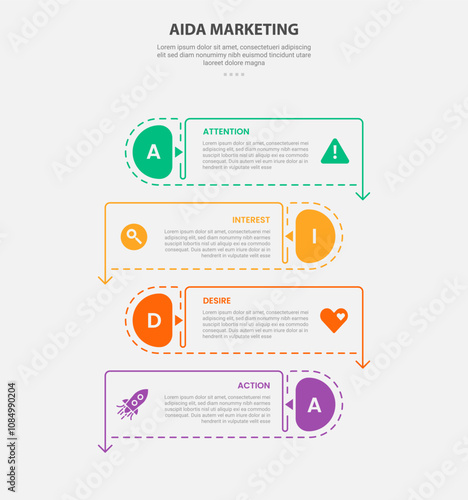 AIDA marketing infographic outline style with 4 point template with rectangle box container with arrow bottom direction and opposite position for slide presentation