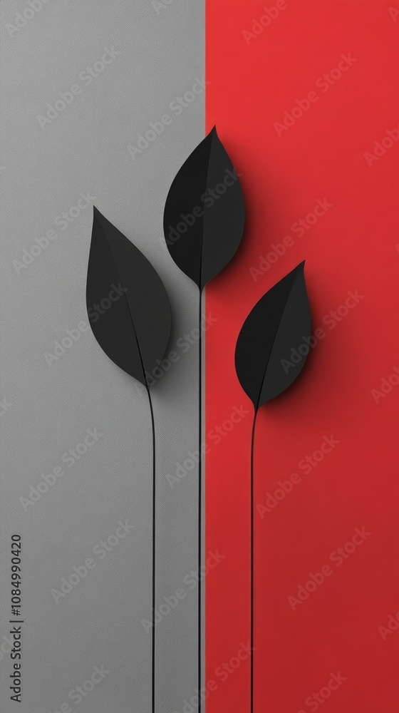 Fototapeta premium Black Leaves on a Red and Grey Background