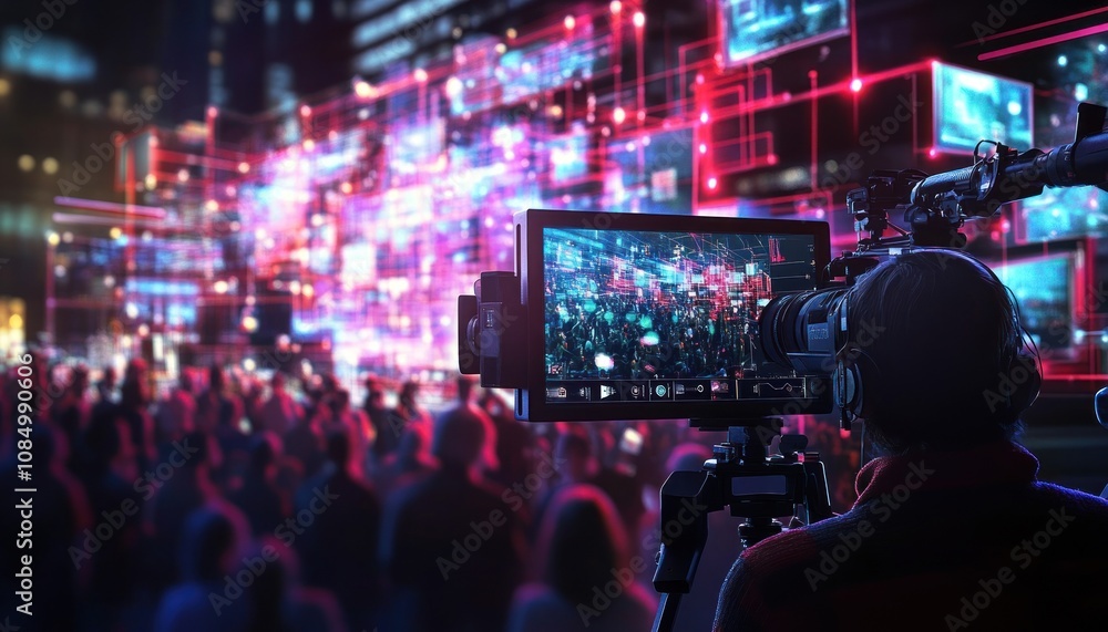 A cameraman films a large crowd in front of a wall of screens, capturing the energy of a live event and the power of media. A cameraman films a large crowd in front of a wall of screens, capturing the energy of a live event and the power of media.