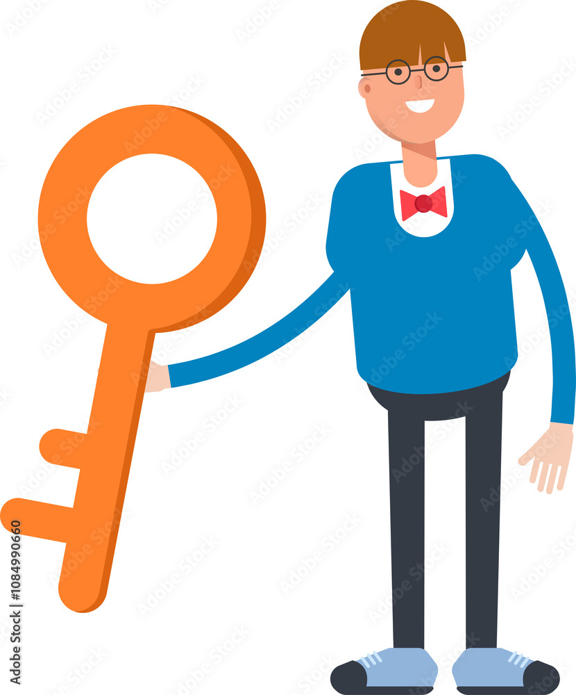 Boy with Bowtie Suit Character Holding Key
Boy with Bowtie Suit Character Holding Key