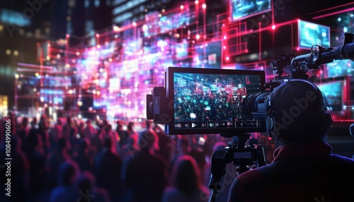 A cameraman films a large crowd in front of a wall of screens, capturing the energy of a live event and the power of media.