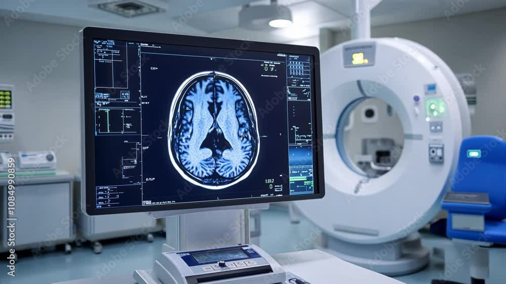 Monitor showing brain test results Provide a room with modern medical equipment Monitor showing brain test results Provide a room with modern medical equipment