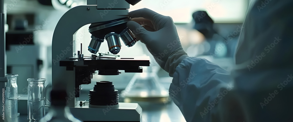 A close-up shot of a scientist hands adjusting a microscope, with the lab environment A close-up shot of a scientist hands adjusting a microscope, with the lab environment