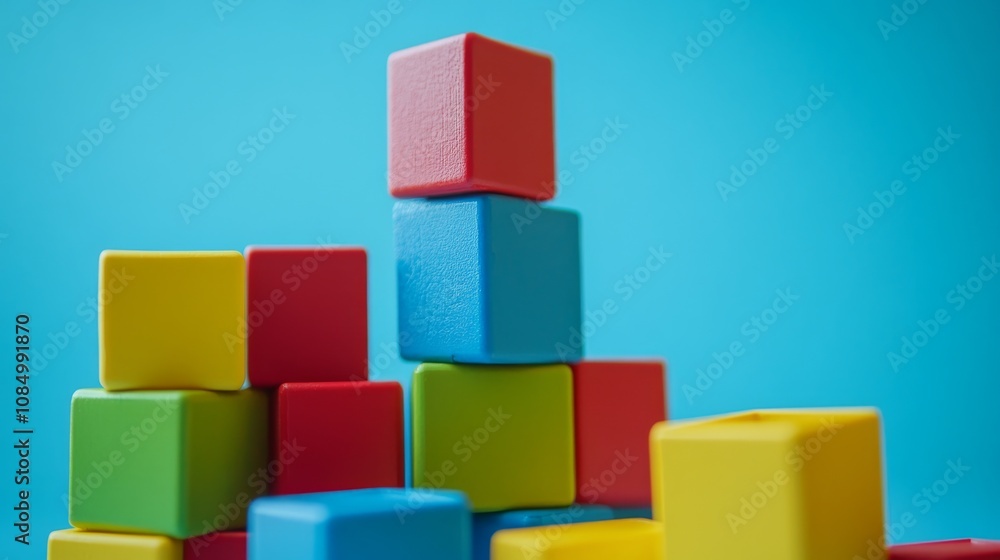 A serene block-building scene with creatively arranged colorful bricks, Playful construction style, photo of A serene block-building scene with creatively arranged colorful bricks, Playful construction style, photo of