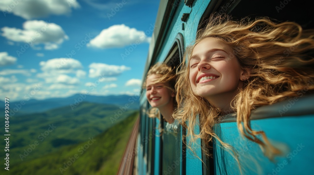 Two joyful young women enjoying a scenic train ride through green hills and bright blue skies on a sunny day Two joyful young women enjoying a scenic train ride through green hills and bright blue skies on a sunny day