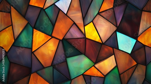 Colorful geometric stained glass pattern in a seamless design.