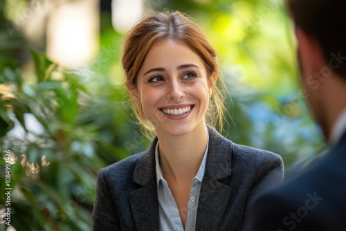 A smiling young businesswoman looking at a colleague in an office setting.