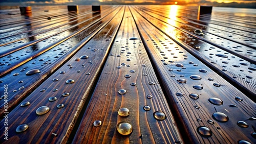 A wooden deck glistening with raindrops, bathed in the warm hues of a setting sun, a symphony of textures and reflections. photo