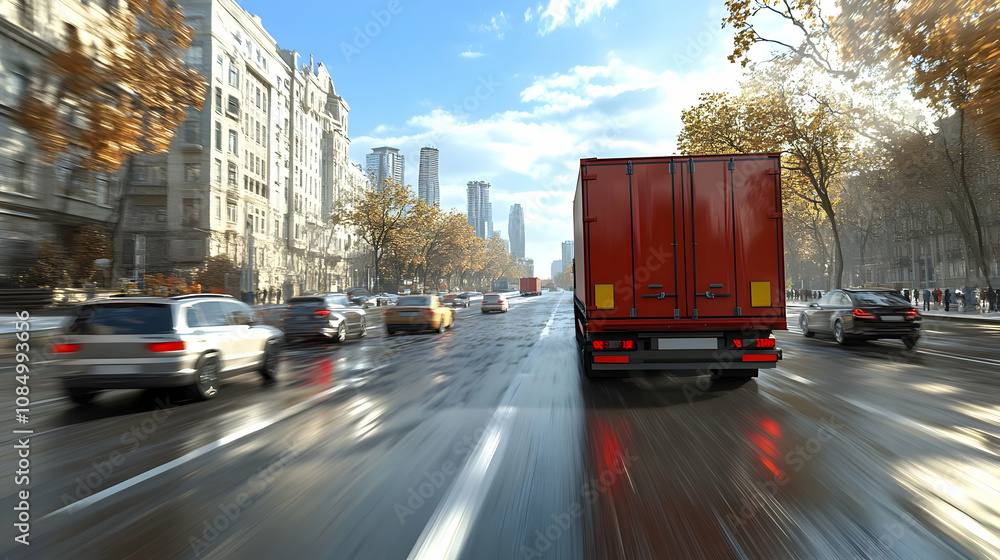 Obraz premium Red Semi Truck Driving Down a Busy City Street 3D Illustration
