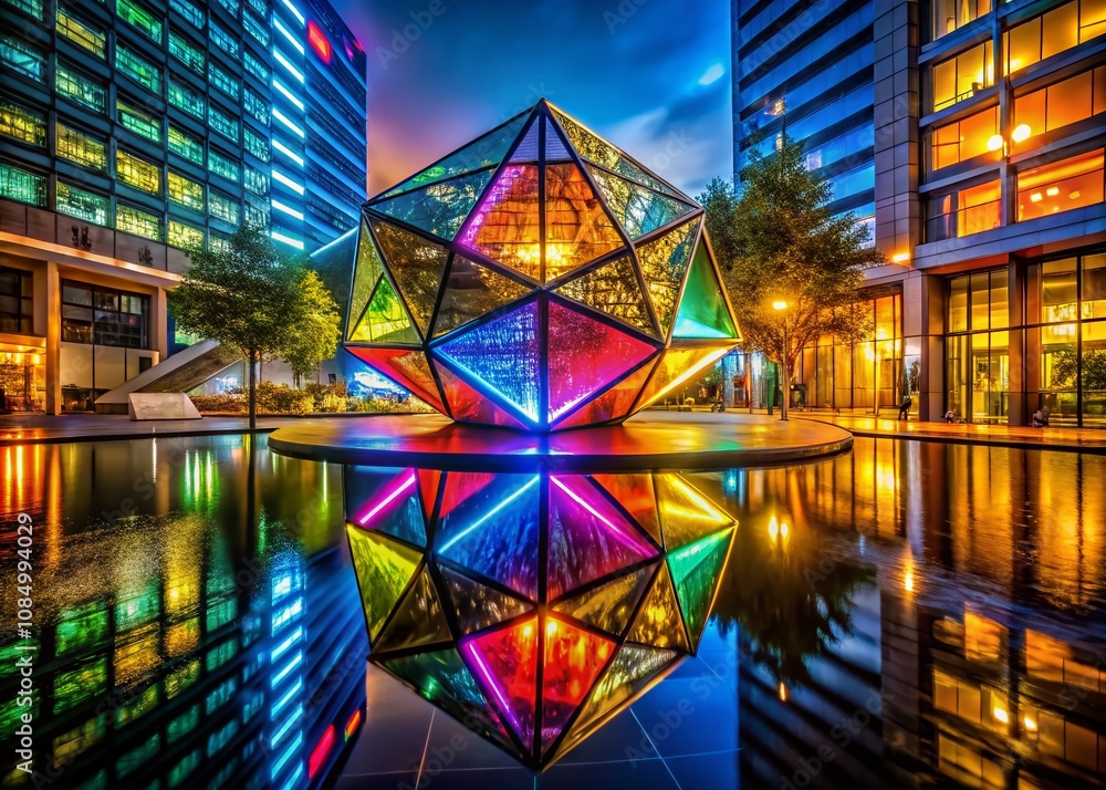 Fototapeta premium Abstract Colorful Geometric Sculpture with Soft Reflections Illuminated at Night, Showcasing Vibrant Patterns and Light Play in a Captivating Urban Environment