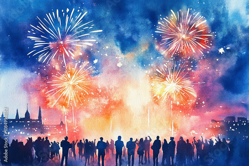 Watercolor painting of fireworks, festival, celebrating.