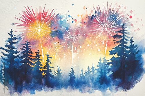 Watercolor painting of fireworks, festival, celebrating.