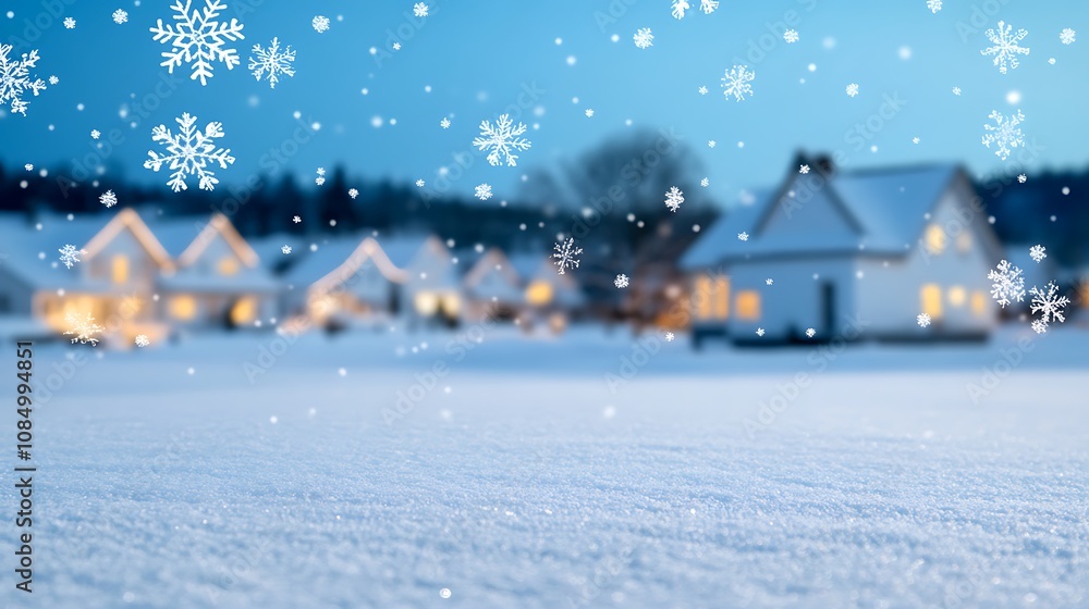 Magical Winter Scene of Snowy Houses Illuminated with Warm Lights Under a Gentle Snowfall Magical Winter Scene of Snowy Houses Illuminated with Warm Lights Under a Gentle Snowfall