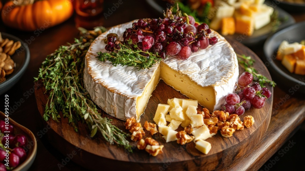 Large cheese wheel with a slice removed on a wooden board, creating a rustic and appetizing food display Large cheese wheel with a slice removed on a wooden board, creating a rustic and appetizing food display