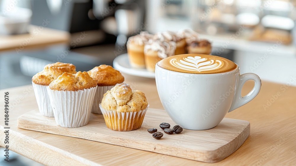Freshly Brewed Coffee with Delicious Muffins on a Wooden Board Set Against a Cozy Café Background, Perfect for Invoking Warmth and Comfort Freshly Brewed Coffee with Delicious Muffins on a Wooden Board Set Against a Cozy Café Background, Perfect for Invoking Warmth and Comfort
