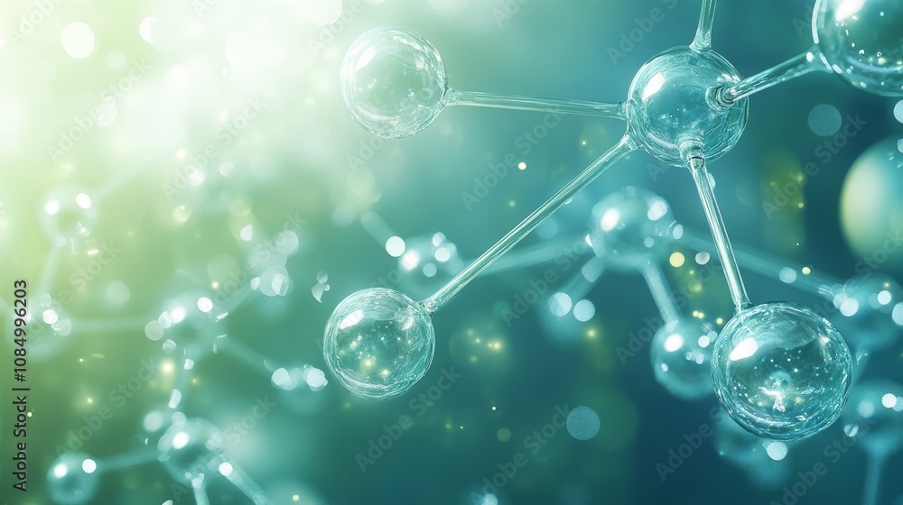 69.A dynamic 3D illustration of molecular models, with transparent and reflective atoms connected by bright, glowing bonds. The background features floating particles and subtle light flares, 69.A dynamic 3D illustration of molecular models, with transparent and reflective atoms connected by bright, glowing bonds. The background features floating particles and subtle light flares,