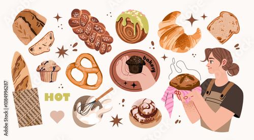 Bakery stickers set, baker character. Croissant, cupcake, bread, cinnabon, baguette. Doodle minimalist flat clip art. Perfect for coffee shop and bakery adds design.