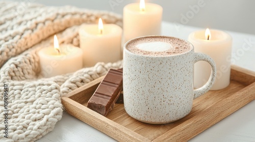 Cozy Warmth: A Serene Moment with a Cup of Hot Chocolate, Candles, and Chocolate Bars on a Soft Knitted Blanket for Relaxation and Comfort