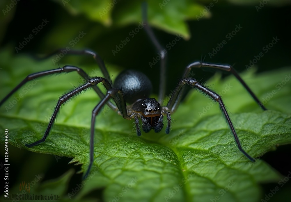 Close-Up View of an Alien-Like Spider on a Leaf with Long Legs Captured in Sharp Detail and Vibrant Green Background Close-Up View of an Alien-Like Spider on a Leaf with Long Legs Captured in Sharp Detail and Vibrant Green Background