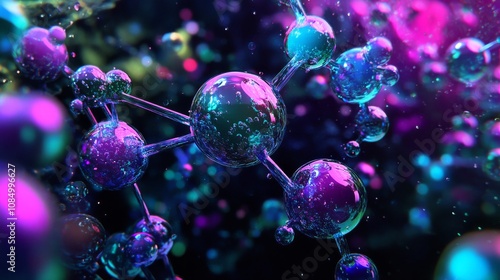 Fototapeta Naklejka Na Ścianę i Meble -  67.A highly detailed 3D illustration of a complex molecular structure, with vibrant atoms connected by sleek bonds floating in a dark, futuristic environment. The molecules glow in various shades of