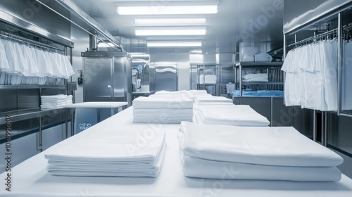 A sterile, industrial laundry room with white sheets and garments folded on a stainless steel table, hanging on racks, and ready to be used in a hospital or other healthcare facility.