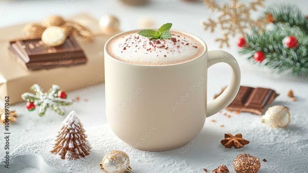 Cozy Hot Chocolate with Whipped Cream and Mint, Surrounded by Festive Decorations, Perfectly Capturing the Warmth and Joy of Winter Celebrations Cozy Hot Chocolate with Whipped Cream and Mint, Surrounded by Festive Decorations, Perfectly Capturing the Warmth and Joy of Winter Celebrations