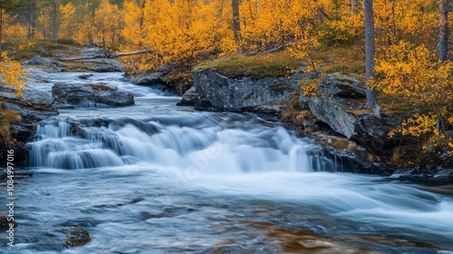 42.Beautiful landscape with long exposure water stream and cascade of river Kamajokk, Swedish Lapland: photo