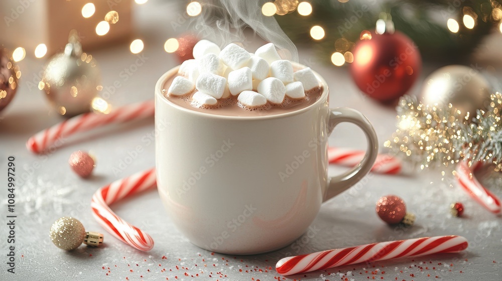 Cozy and Inviting Hot Chocolate with Marshmallows Surrounded by Christmas Ornaments, Candy Canes, and Festive Bokeh Lights for Winter Celebrations Cozy and Inviting Hot Chocolate with Marshmallows Surrounded by Christmas Ornaments, Candy Canes, and Festive Bokeh Lights for Winter Celebrations