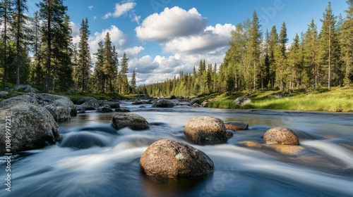 43.A long exposure shot of the Kamajokk River, capturing the smooth, silky flow of water over large, weathered boulders. The surrounding spruce tree forest stands tall, their deep green needles